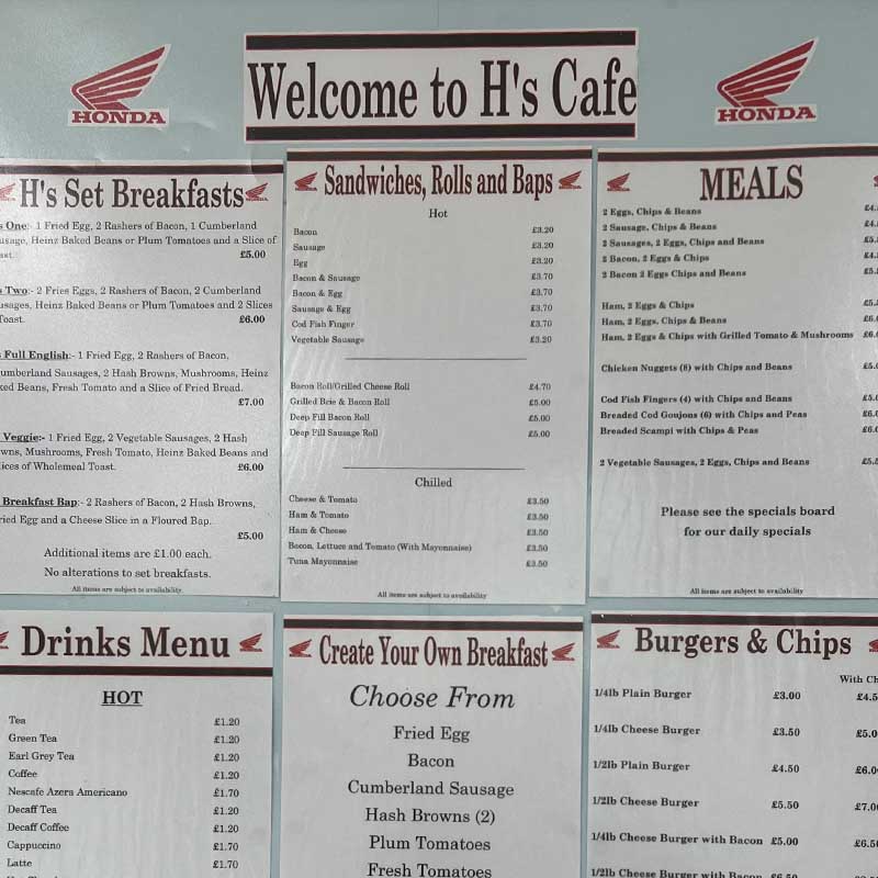 H's Cafe menu on the wall